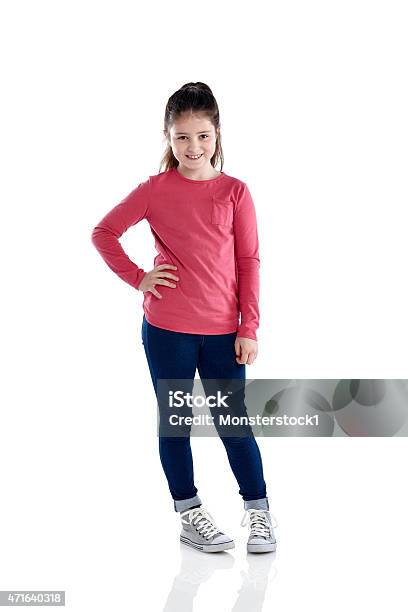 Beautiful Little Girl Standing On White Stock Photo - Download Image Now - Girls, 8-9 Years, Standing
