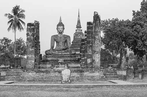 Sukhothai historical park, the old town of Thailand in 800 year ago, Black and white tone