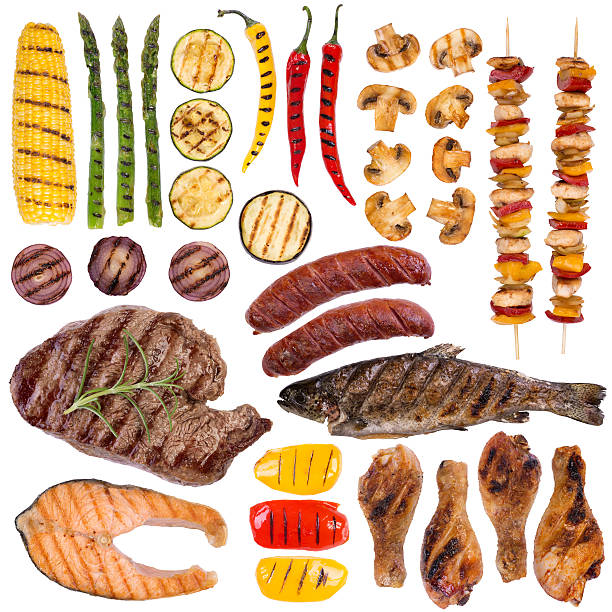 Grilled meat, fish and vegetables