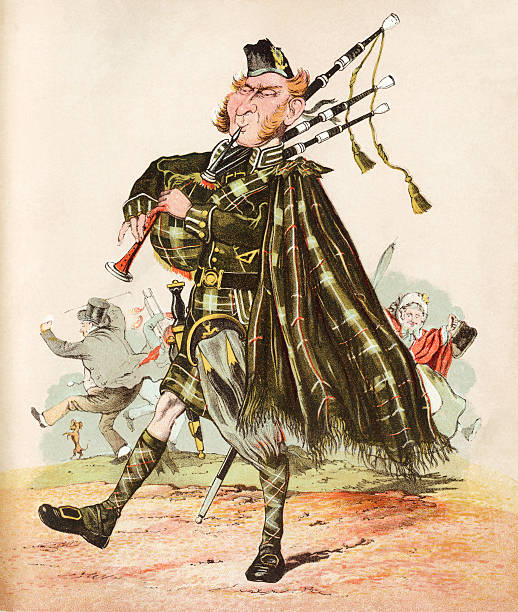 The Scottish Piper - Victorian print A bewhiskered Scottish piper playing a merry tune on his bagpipes, causing anyone nearby to break into a spontaneous jig. Including the dog. From “Army and Navy Drolleries” by ‘Captain Seccombe’; published by Frederick Warne and Co., London, c1875-6. sporran stock illustrations