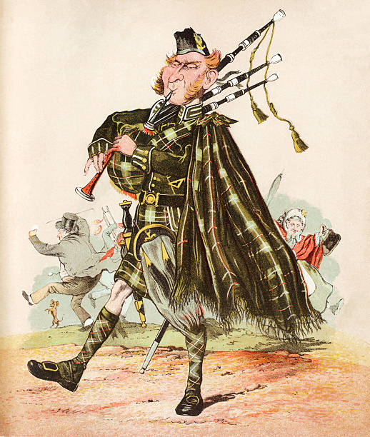 The Scottish Piper - Victorian print A bewhiskered Scottish piper playing a merry tune on his bagpipes, causing anyone nearby to break into a spontaneous jig. Including the dog. From “Army and Navy Drolleries” by ‘Captain Seccombe’; published by Frederick Warne and Co., London, c1875-6. tartan army stock illustrations