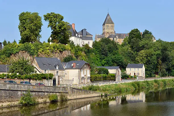 Mayenne river at Château-Gontier with the Saint-Jean-Baptiste church in the background, commune in the Mayenne department, Pays de la Loire Region, in north-western France