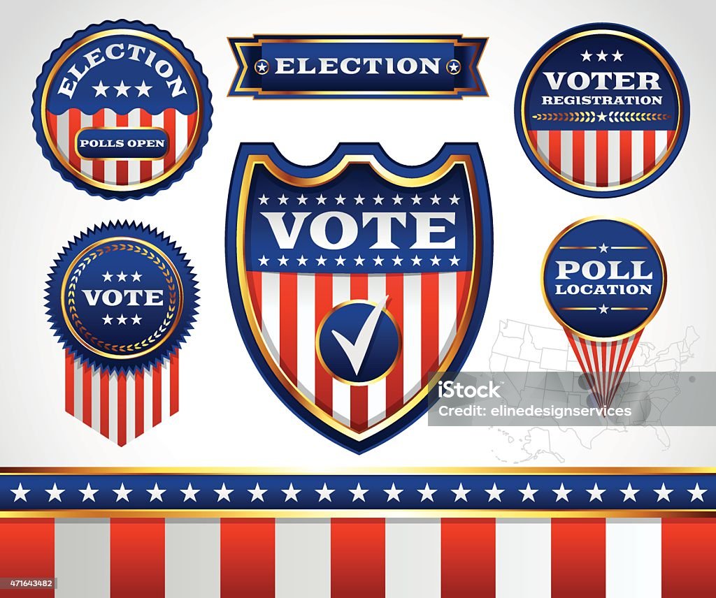 Vector Set of Election and Voting Badges and Labels An illustrated set of American election and voting badges, icons, and emblems. Vector EPS 10. EPS contains transparencies and each element is grouped separately. All text has been converted to outlines. Campaign Button stock vector