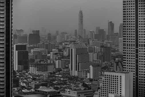 Black and white Silom district in Bangkok, December 2014