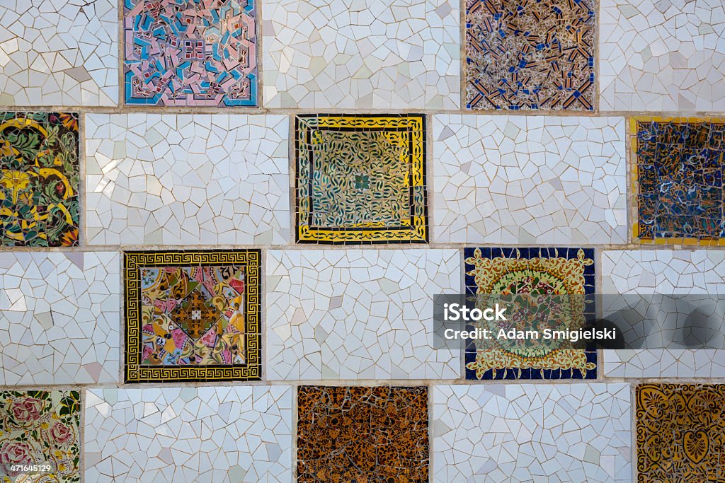 Park Guell tiles amazing wall mosaic in Gaudi's Parc Guell in Barcelona/Spain Antoni Gaudí Stock Photo