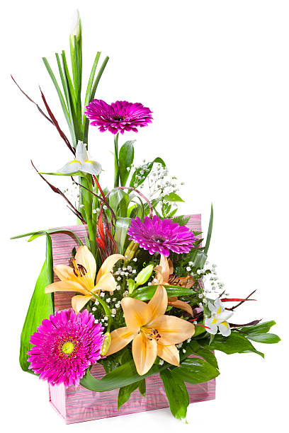 istock Bright flower bouquet in basket 471645153