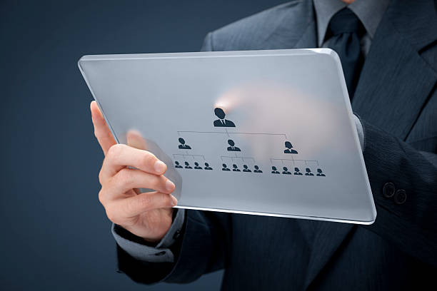 Businessman points to the CEO on a lucite tablet Human resources and corporate hierarchy concept - recruiter complete team by one leader person (CEO) represented by icon on futuristic glass tablet. multi level marketing stock pictures, royalty-free photos & images