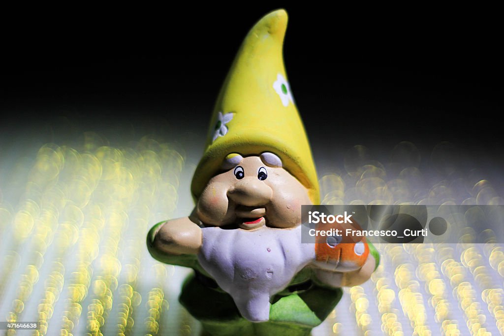 gnome a gnome with a mushroom in his hand.. bokeh background 2015 Stock Photo