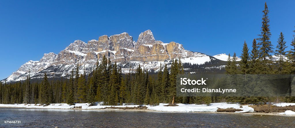 Panorama Castle Mountain and Bow River Castle mountain and the Bow River, Banff National Park, Canada. Large panorama of multiple images stiched together. Alberta Stock Photo