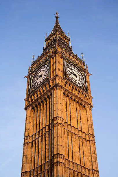 Photo of Big Ben with a warm sunset glow