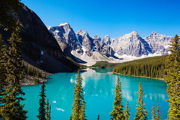 Moraine Lake A beautiful view of Moraine Lake in Alberta, Canada moraine lake stock pictures, royalty-free photos & images