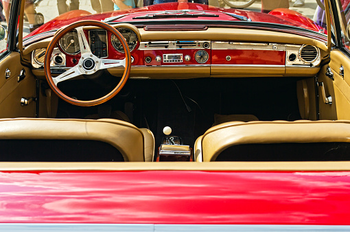 Photo of interior of the vintage Italian car taken on the rally of antique vehicles in Cracow, Poland.