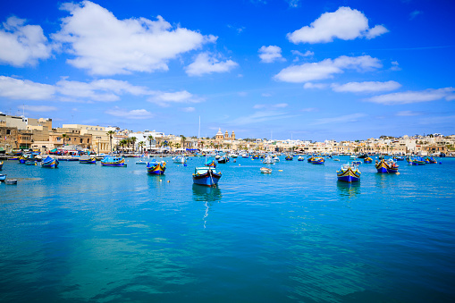 colorful, traditional fishing boats; Marsaxlokk, Malta