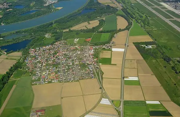 aerial view of the town of Soellingen in the Rheinmuenster aera Landkreis Rastatt,  along side of the Rhine across from Alsace France in Baden Germany; Baden Airpark and Baden Hills Golf Club on the east side of the town