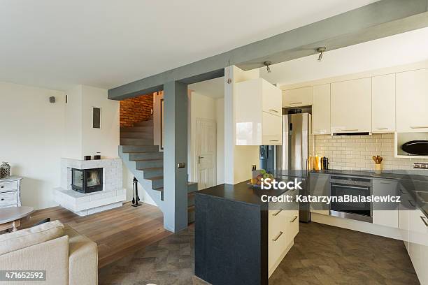 Open Kitchen And Living Room Stock Photo - Download Image Now - 2015, Apartment, Brick