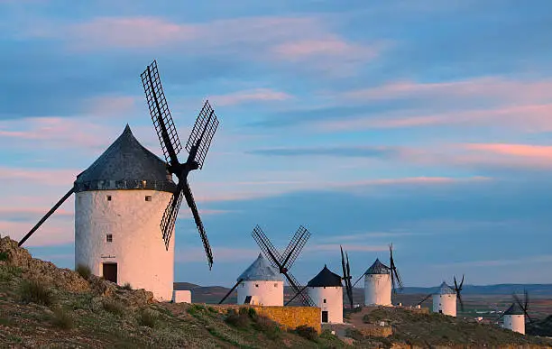 Blue sky and windmills in the background, Consuegra,  Toledo province, Castilla-La Mancha.