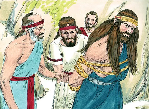 Samson, a Nazirite man, was blessed by God. He found a woman in Timnah that he wanted to marry. The marriage led to betrayal and an extended time of anger and violence in the life of Samson. He became a very strong man. He became the leader of Israel and met a woman named Delilah. The Philistine kings used Delilah to betray Samson again. They wanted her to find out the secret to his strength. She eventually manipulated Samson into telling her that his strength came from his hair. She arranged for it to be cut. God took away his strength as punishment. The Philistines locked him in jail and blinded him. They planned a celebration of their god, Dagon, and planned for blind Samson to entertain them. Samson told the boy leading him in to take him to the columns. He prayed that God would return his strength. God heard his prayer and granted him strength. Samson toppled the columns killing himself and the Philistines who were there.