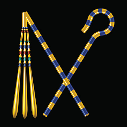 Crossed Crook And Flail, originally the attributes of the god Osiris that became insignia of pharaonic authority. Isolated illustration on black background.