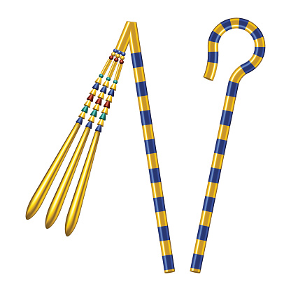 Crook And Flail, originally the attributes of the god Osiris that became insignia of pharaonic authority. Isolated illustration on white background.