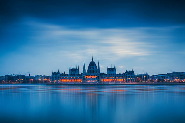 the Hungarian Parliament. Location: Budapest, Hungary, Long exposure - ice floats on the Danube