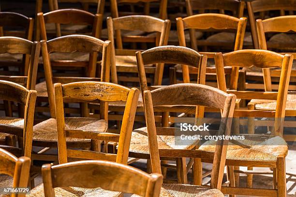 Rows Of Wooden Chairs Stock Photo - Download Image Now - Brown, Built Structure, Cathedral