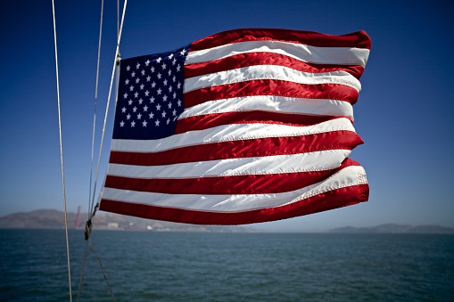 American flag in San Francisco bay