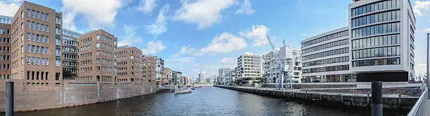 Converted warehouses in the Hafencity area in the city of Hamburg in Germany.