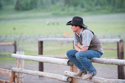 Pensive wrangler sits on the corral fence after a hard days work.