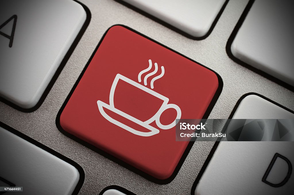 Red coffee icon key on a gray keyboard close-up Coffee Break Coffee Break Stock Photo