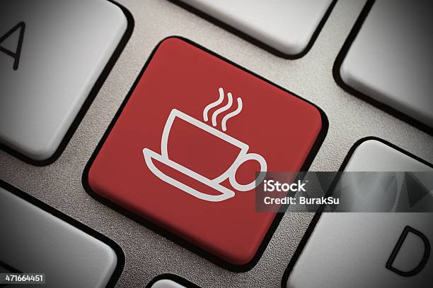 Red Coffee Icon Key On A Gray Keyboard Closeup Stock Photo - Download Image Now - Coffee Break, Coffee - Drink, Coffee Cup