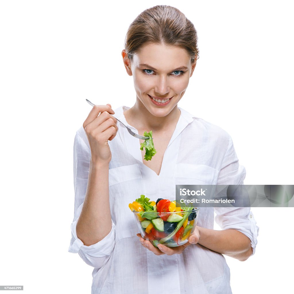 Junge schöne Frau mit Gemüse-Salat bowl und Gabel - Lizenzfrei Abnehmen Stock-Foto