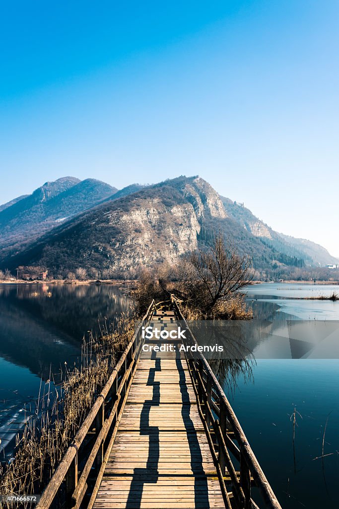 Torbiere del Sebino, ponte di legno sul lago - Foto stock royalty-free di Lago d'Iseo