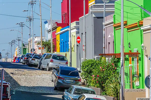 The Colourful Bo Kaap situated in Cape Town in the Western-Cape is a great Tourist Spot. A typical Street view.