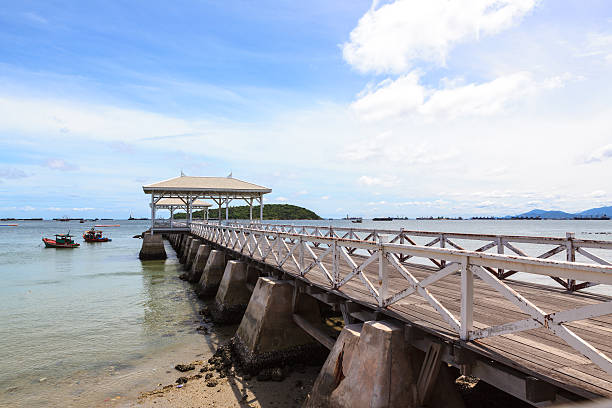 istock White wooden bridge into the sea 471668891