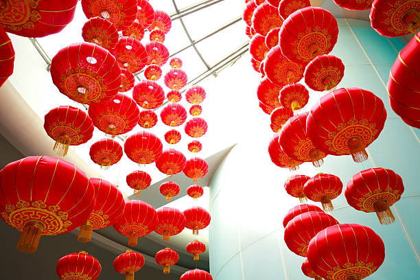 istock Looking up red Chinese lanterns hanging in Interior 471669487