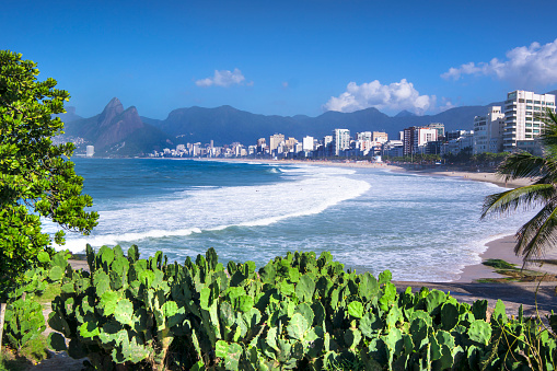 Photo of the famous beach of Brazil, Copacabana Beach. Sidewalk mosaic is on foreground. Rio de Janeiro.
