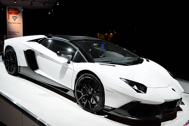 Amsterdam, The Netherlands - April 16, 2015: Lamborghini Aventador sports car on display during the 2015 Amsterdam motor show. 