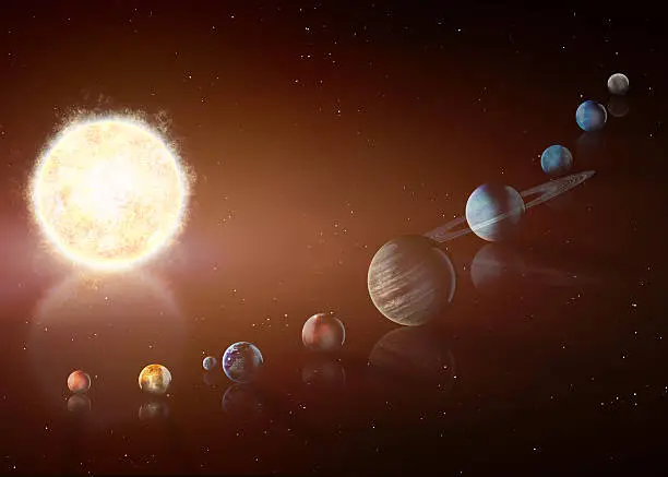 Illustration of solar system showing planets around sun. Elements of this image furnished by NASA