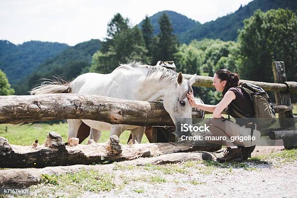 Photo libre de droit de Femme Câlins Un Cheval Blanc banque d'images et plus d'images libres de droit de Activité de loisirs - Activité de loisirs, Adulte, Agriculteur