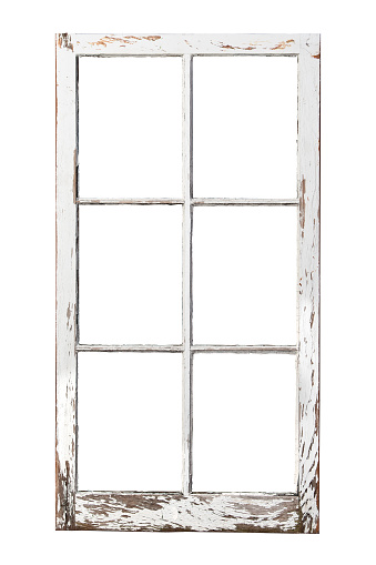 Old weathered 6 pane window isolated on white