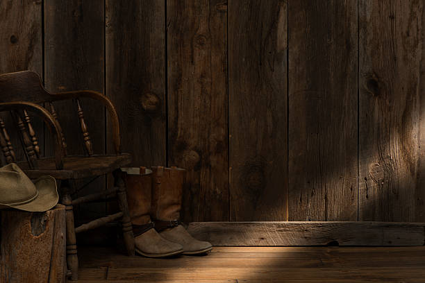 istock Inside Western barn w/cowboy boots,hat,chair,sunbeam-copy space 471676477