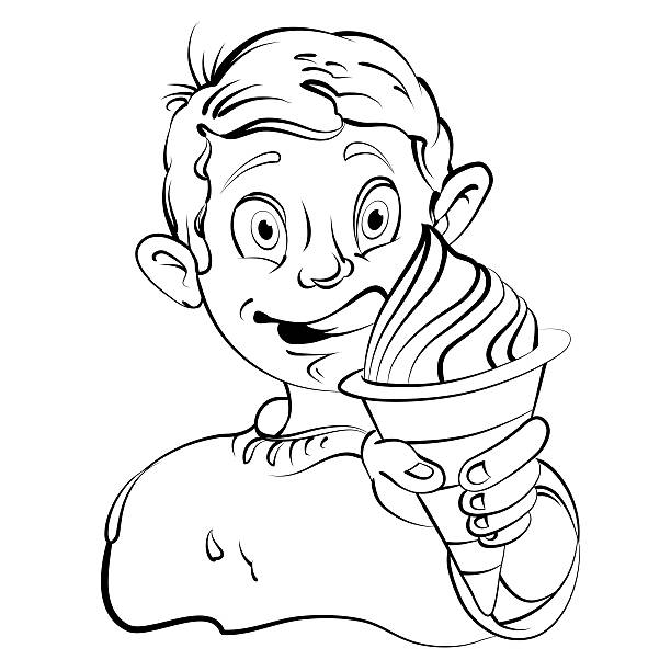 Cartoon little boy eating ice cream. Drawing style black on white. File saved in EPS 10 format and contains blend and transparency effect