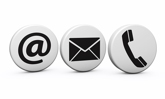 Web contact us Internet concept with email, phone and at black icon and symbol on white buttons for website, blog and on line business.