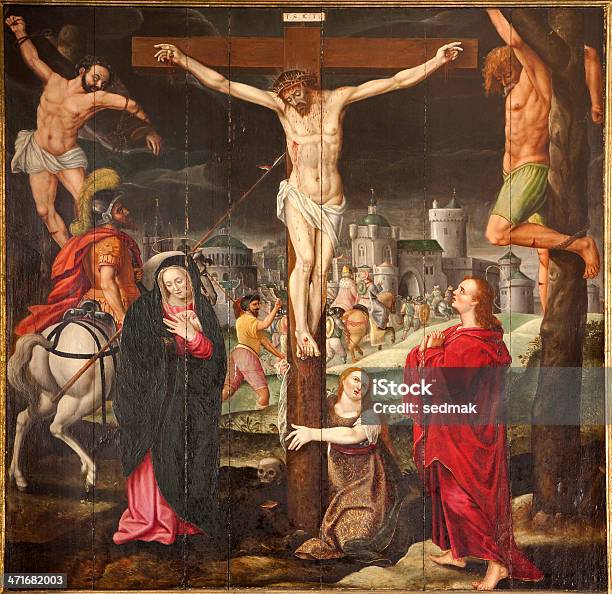 Gentkreuzigung Farbe Auf Holz Stock Vektor Art und mehr Bilder von Kreuzigung Christi - Kreuzigung Christi, Kruzifix, Jesus Christus
