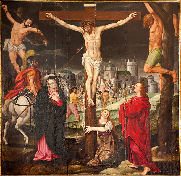 ilustraciones, imágenes clip art, dibujos animados e iconos de stock de crucifixion gante de pintura en la madera - crucifix