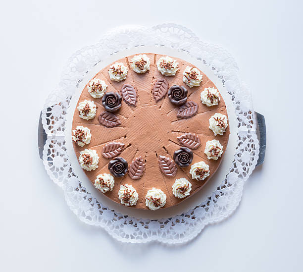 istock Chocolate cream cake on white background with cake lace 471682638