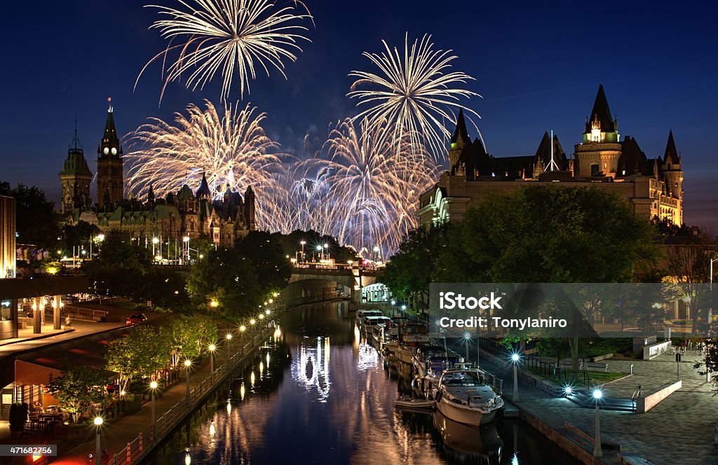 Ottawa Ontario Canada Fireworks A colour image featuring a summer fireworks display festival in downtown Ottawa Canada. In the foreground are the Parliament Buildings, Rideau Canal a UNSECO world heritage site, and the Chateau Laurier hotel. Ottawa Stock Photo