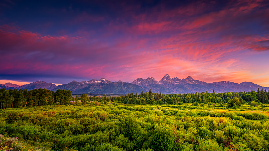 Scenic view of the Grand Teton National Park's snow capped peaks in Wyoming near Jackson, Moran and Moose Wyoming, USA.