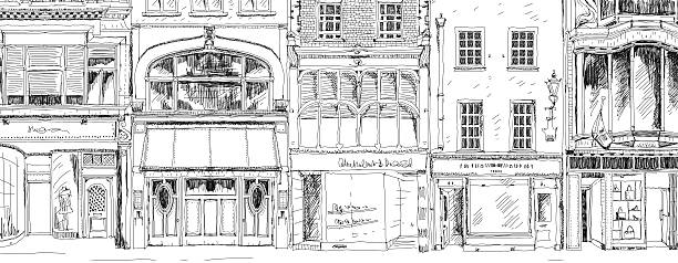 illustrazioni stock, clip art, cartoni animati e icone di tendenza di vecchio english town ospita bond street, a londra. collezione di schizzi - looking through window individuality old architecture