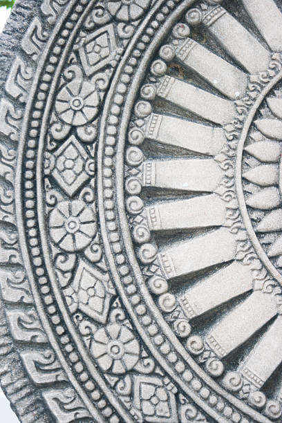 istock dark grey wheel of life stone tile brick wall surfaced 471685941